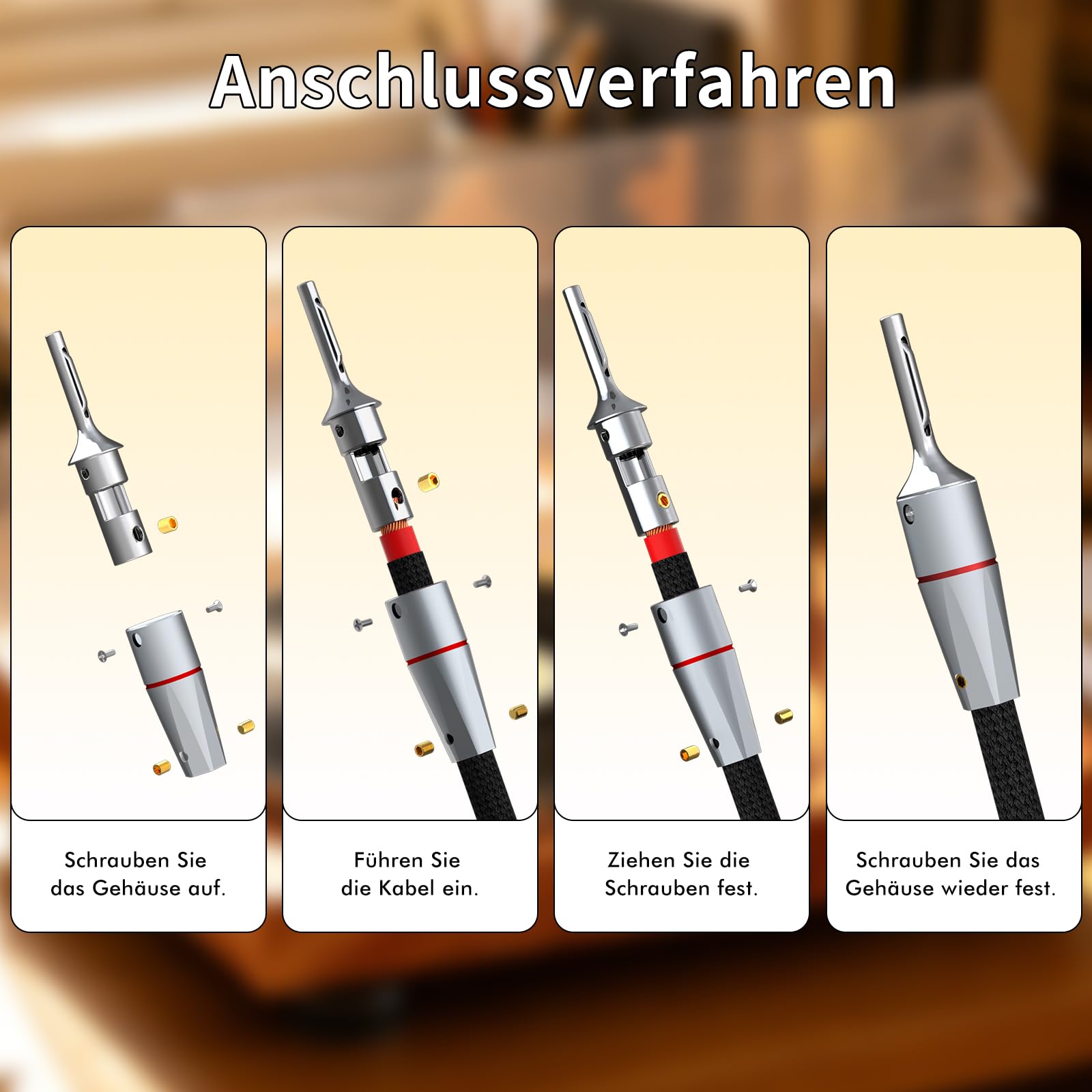 Monosaudio B802R Lautsprecher Bananenstecker, 4 Stück, 7mm/9AWG | 99,998% Reines Kupfer, Rhodiniert, Doppel-Schraubverriegelung, Mit Inbusschlüssel