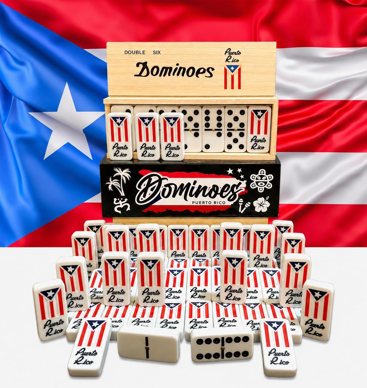 PRK 14 Puerto Rico Gifts Premium Dominoes Set Friends Gift Packs Large Adult Size Double six Domino with PR Flag Authentic Puerto Rican Design