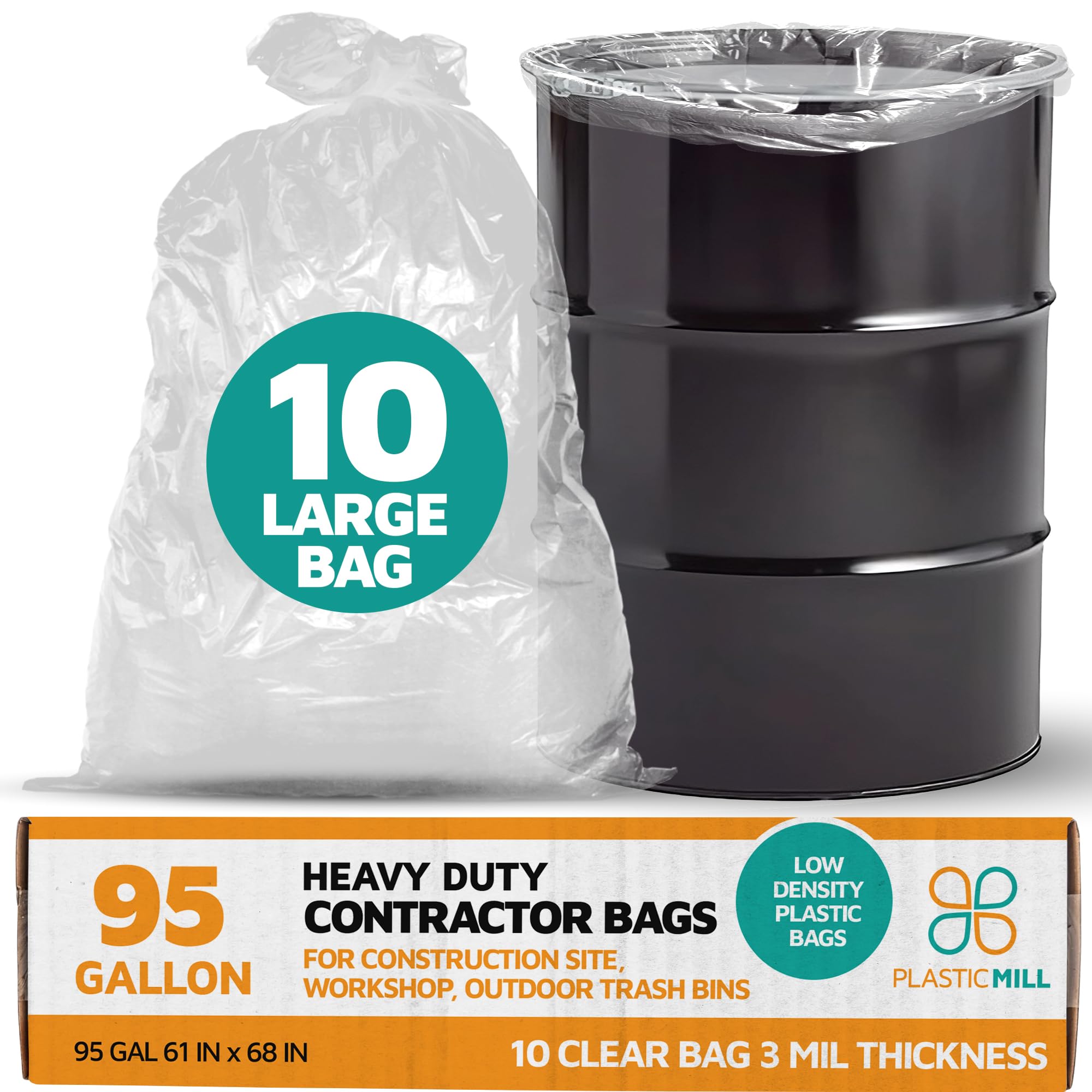 PlasticMill Contractor Bags Heavy Duty - Commercial, Industrial Garbage Bags - Clear Construction Trash Bags - Outdoor, Garden Trash Bags, 95-Gallon,