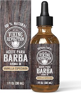 Viking Revolution - Aceite Para Barba - Completamente Natural Con Aceite Organico De Argan Y Jojoba - Suaviza Y Fortalece La Barba Y El Bigote - Aceite Hombre - Vainilla Especiada - 30 ml