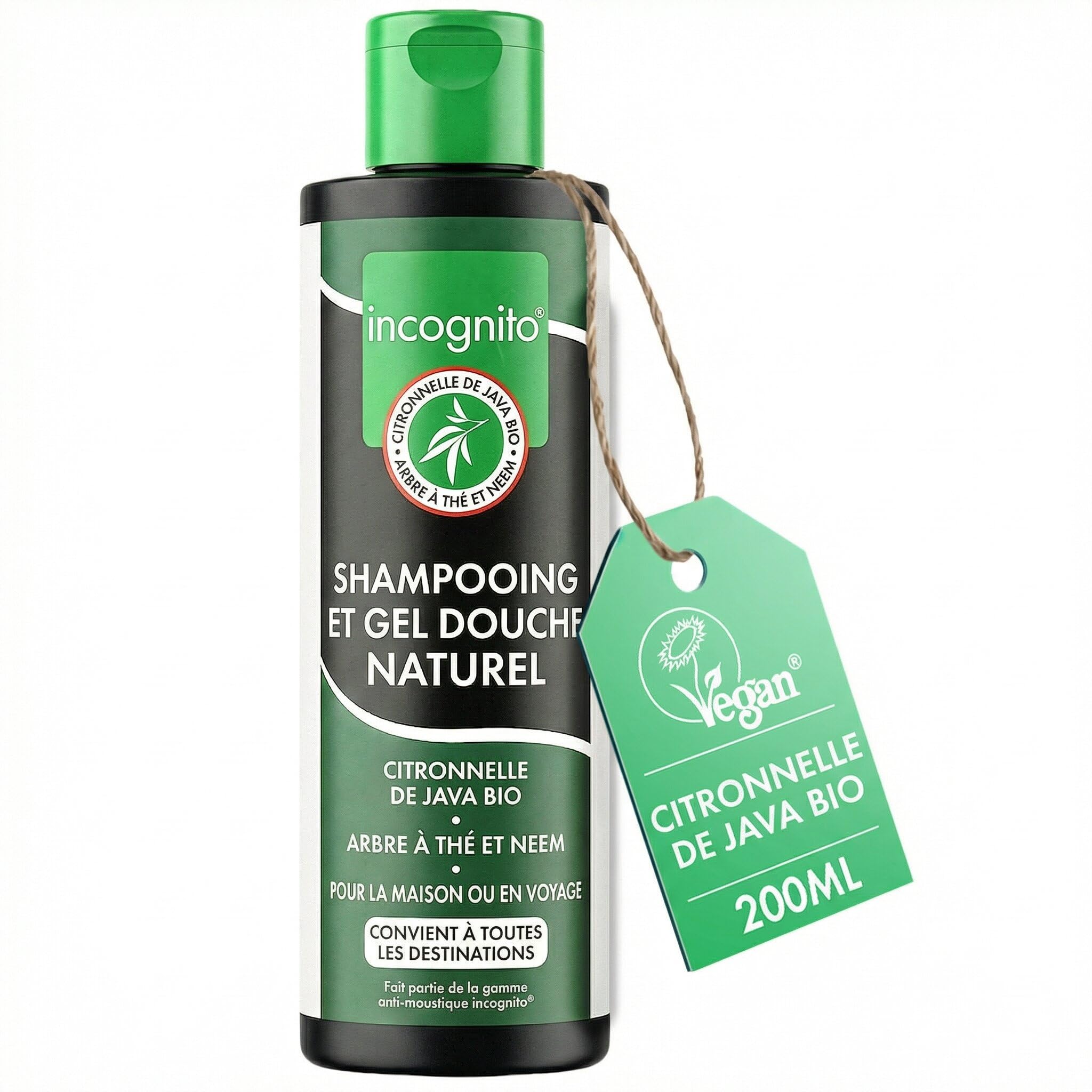 Incognito Gel Douche & Shampoing Java Citronella 200 ml – 2 en 1 Naturel – Aide à Repousser Moustiques et Insectes – Favorise des Cheveux Forts et une Peau Saine – Convient aux Femmes et aux Hommes