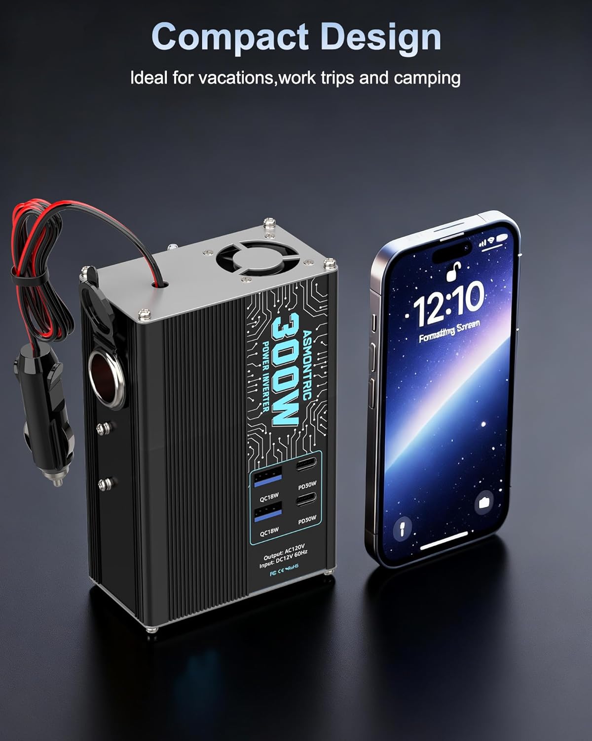 300W Power Inverter DC 12V to 110V AC Adapter with Dual AC Outlets, 2 PD 30W USB-C, 2 QC 18W USB, 1 Cigarette Lighter Outlet, Car Charger for Laptop, Vehicles, Road Trip Essentials