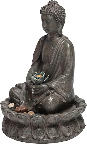 Alpine Corporation GEM178 - Fuente de agua de Buda meditadora para interiores con luces LED y flor de loto, 19 pulgadas, color beige