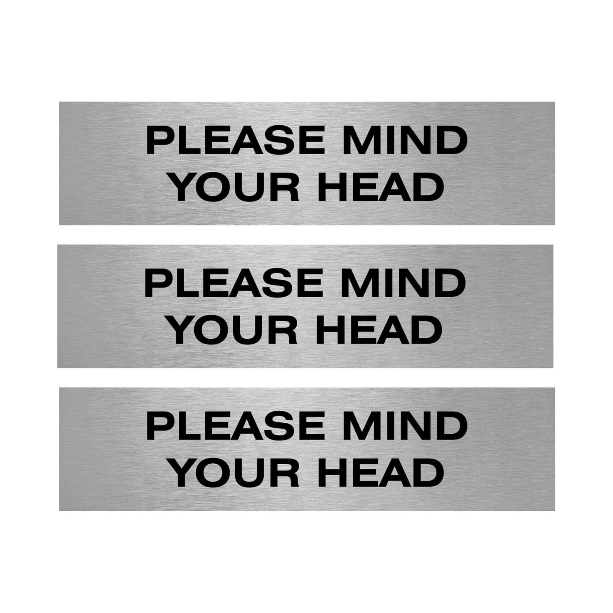 Slimline Aluminium Please Mind Your Head Sign from ViroDisplay® – Brushed Silver 200 x 50mm – Durable Printed Surface – Self-Adhesive Fixing (Pack of 3)