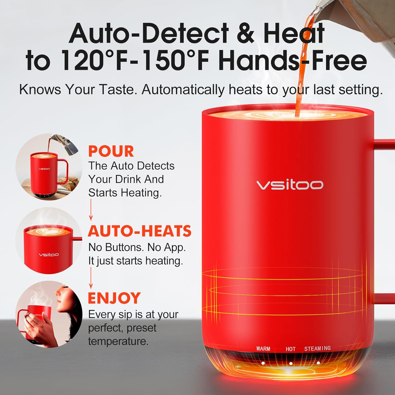 Vsitoo S3 Ultra 20oz Smart Self Heating Coffee Mug,Heated Coffee Mug with Auto-Sensing AI Heats Drinks to 120-150°F Hands-Free.Perfect for Home/Office,Ideal Gift fo Men/Women, Red