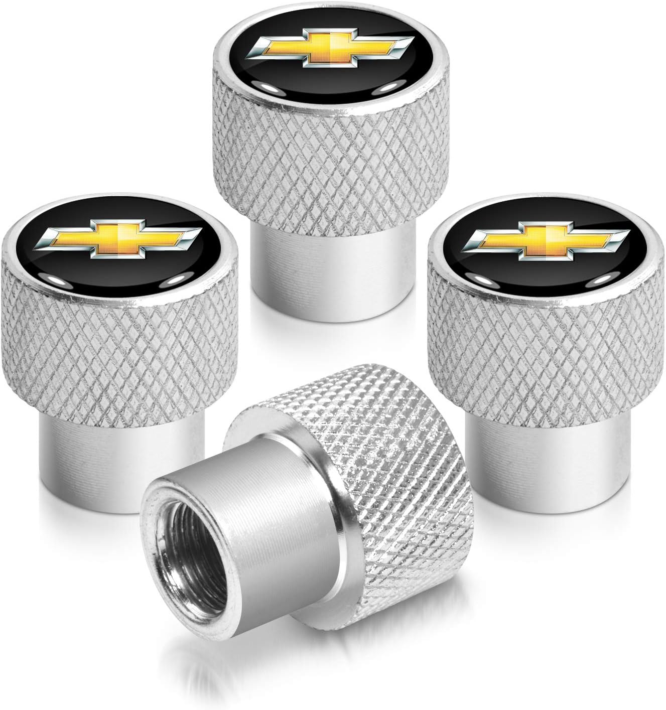 iPick Image for Chevrolet Golden Logo in Black on Shining Silver Easy-Grip Aluminum Tire Valve Stem Caps - Official Licensed