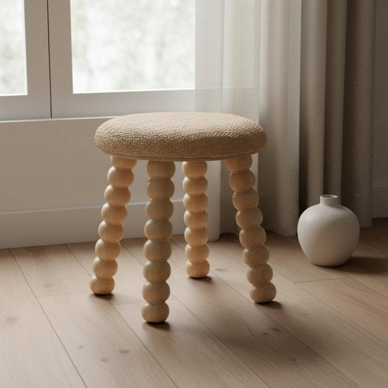 Woven Stool Rounded Design Round Wooden Stool Anti-Slip Feet Wooden Vanity Seat for Living Room