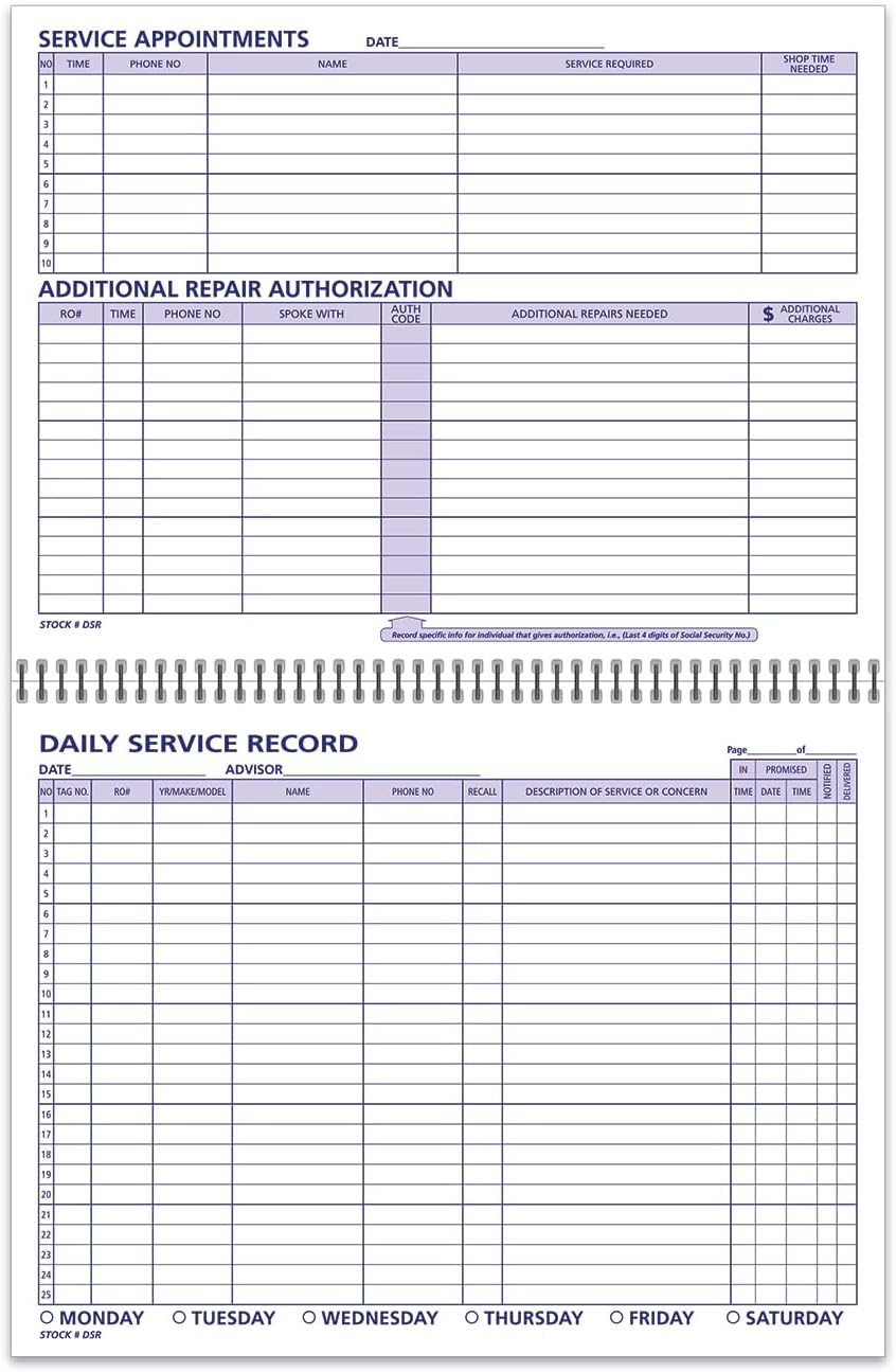 Daily Car Service Record Book – 8.5" x 11" Spiral Bound Auto Service Log – Blue Ink Durable 90# Paper – Automotive Service & Repair Tracking – Dealership Workshop Record - 100 Pages/Book (Book of 4)