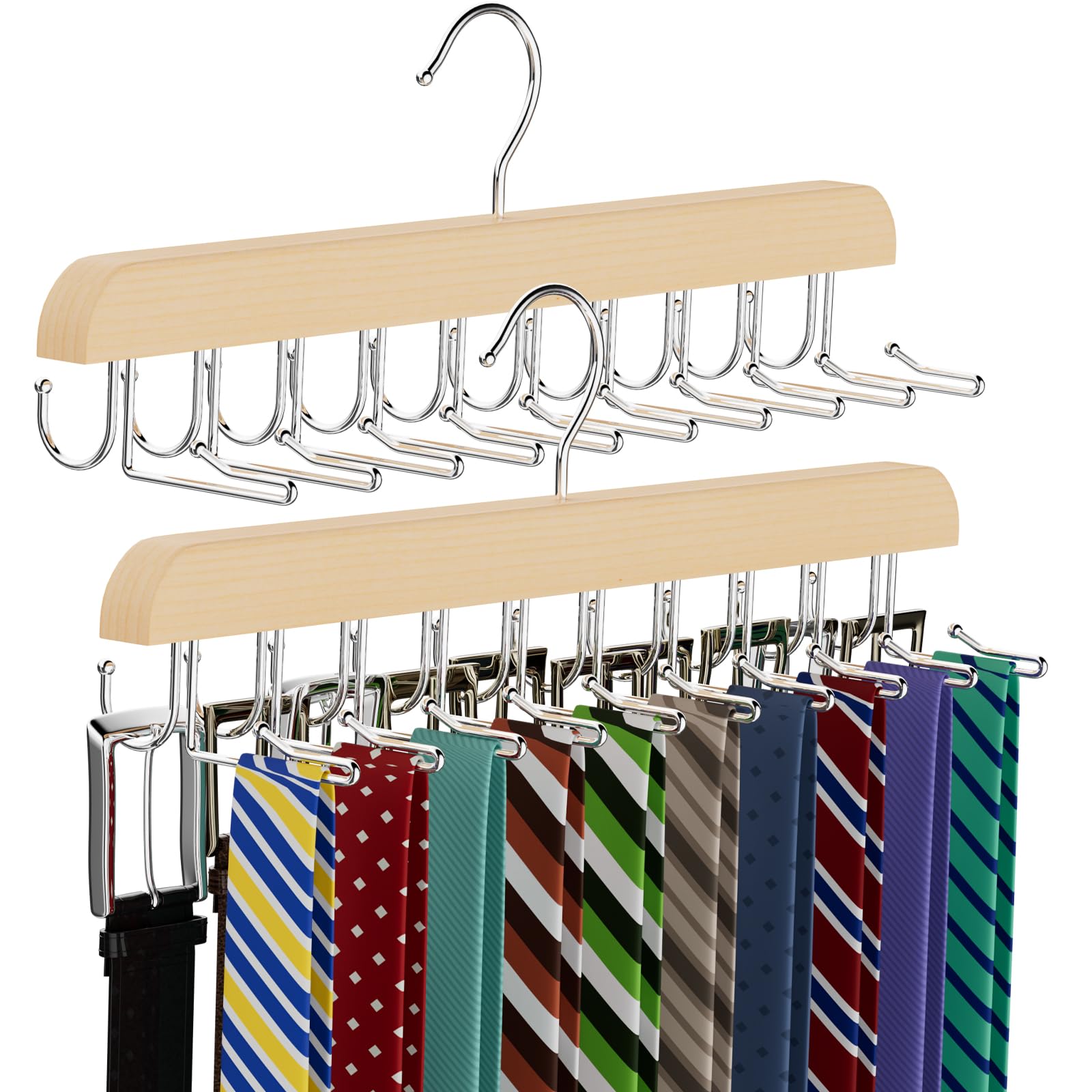Tie Rack & Belt Hanger 2 in 1 Tie Hanger Space Saving 20 Hooks Hangers for Closet Max 30 Belts with 30 Ties Capacity, Tie Racks Wooden Hangers for Closet Organizer Storage (1, Wood)