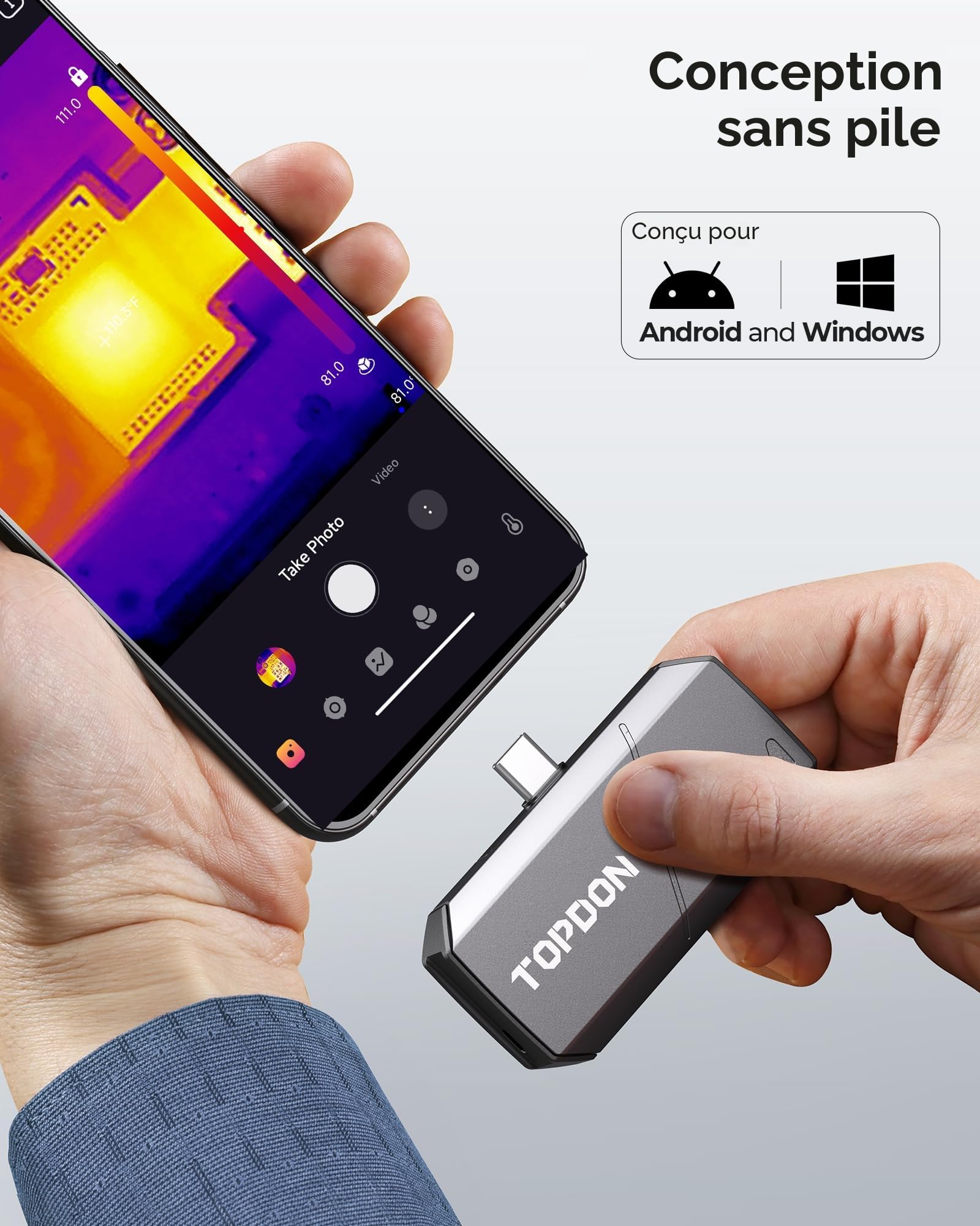 TOPDON TS001 Caméra Thermique Infrarouge Android, Mise au Point Manuelle, 512x384 Haute Résolution, -20℃ à 550℃, 25Hz, Imageur Thermique avec Objectif Réglable 9mm, Plage d'observation 0,1 à 500m