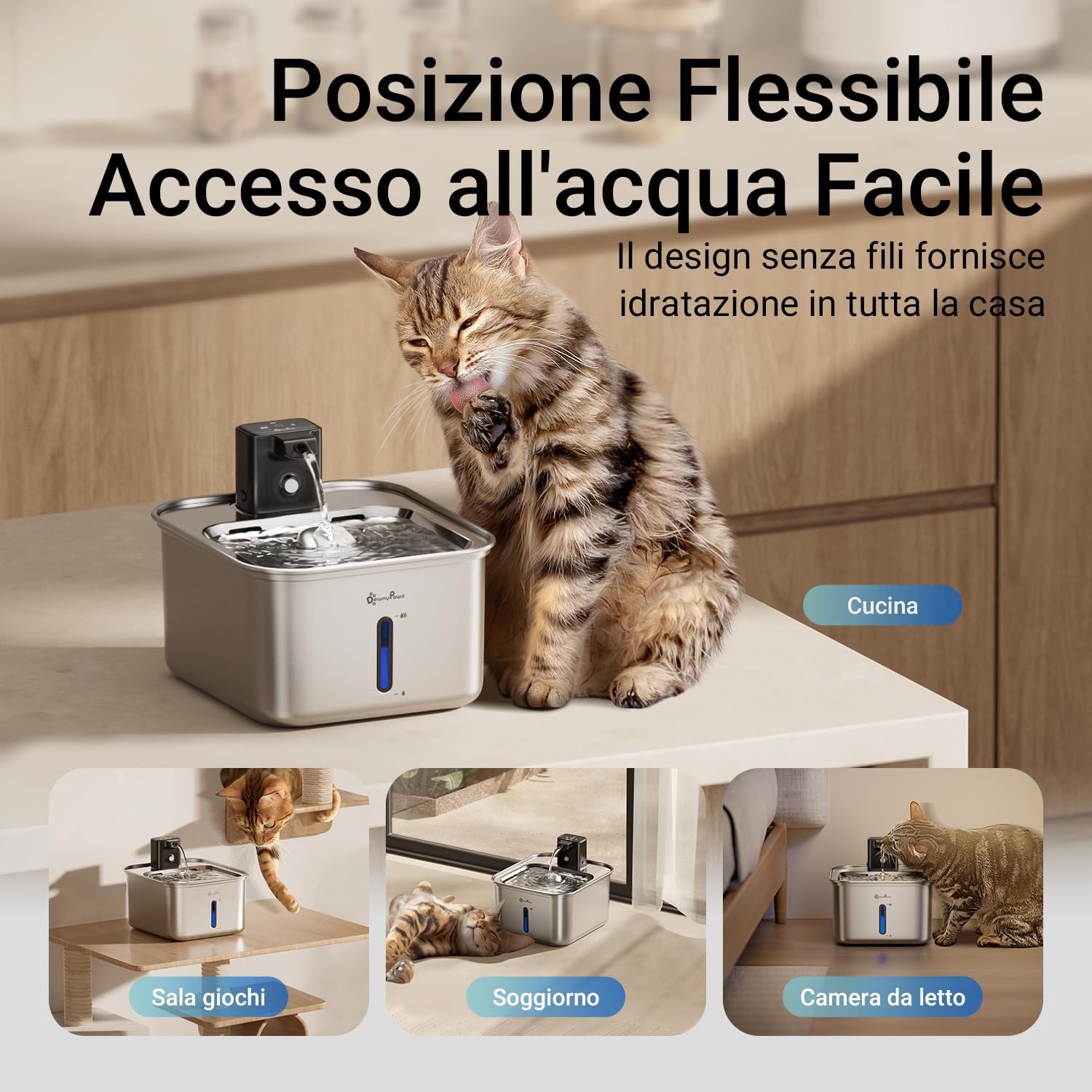 DownyPaws Fontanella per Gatti in Acciaio Senza Fili a Batteria, Fontana Gatto con Sensore di Movimento, 3L Fontanella Acqua Gatto e Lavabile in Lavastoviglie, Nero