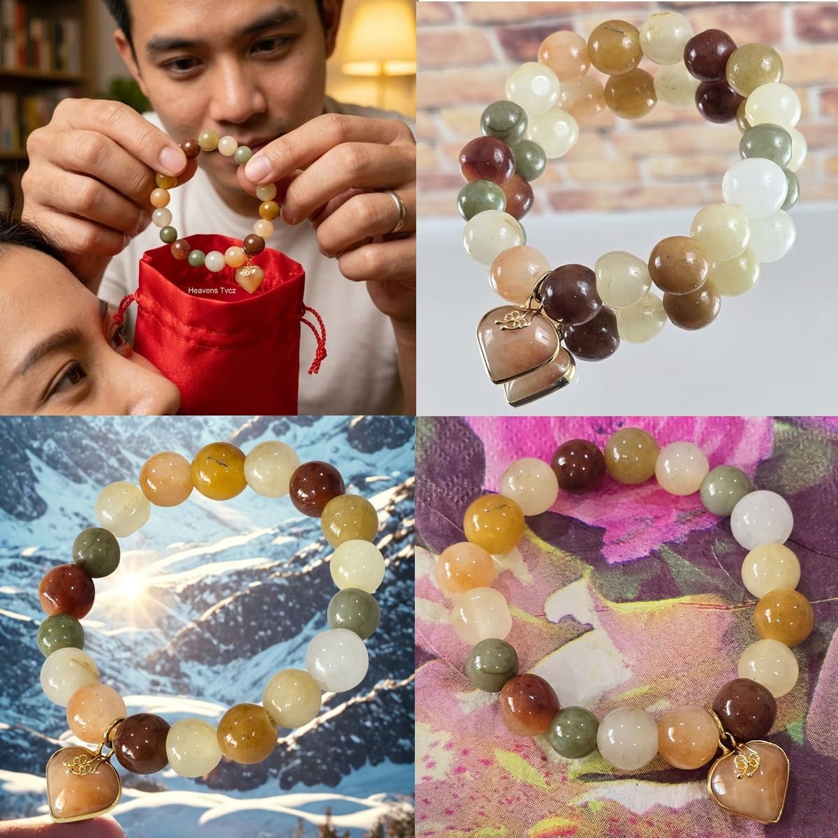 Natural Multicolor Burmese Jade Bracelet with Heart Charm – Genuine Jade Beaded Stretch Bracelet for Luck, Love & Prosperity – Feng Shui Crystal Jewelry Gift with Free Pouch