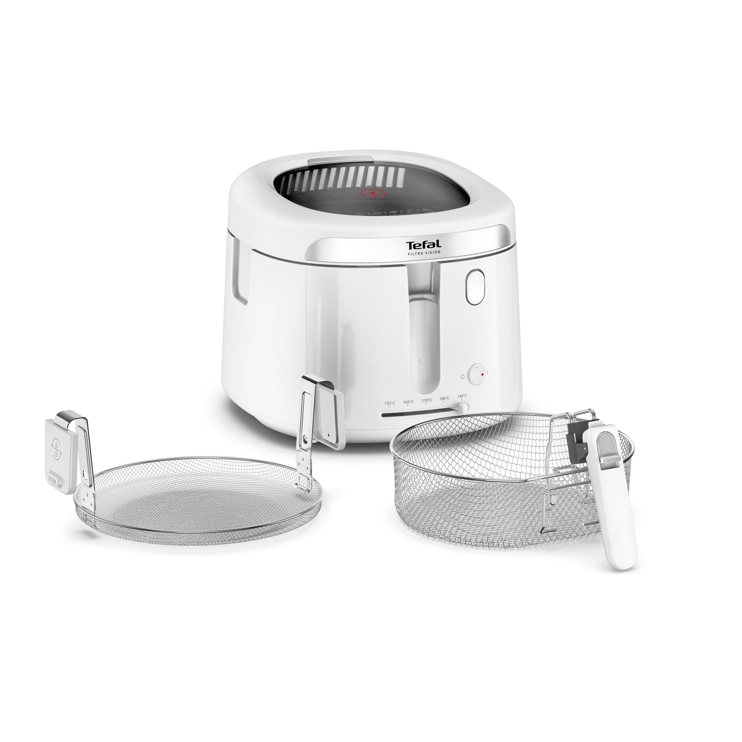 Tefal Filtra Vision Fritteuse, 1-kg-Fassungsvermögen, extragroßes Sichtfenster, modernes Design, einklappbarer Griff, herausnehmbare Teile, Timer, Temperatursteuerung, Weiß, FF2541E0