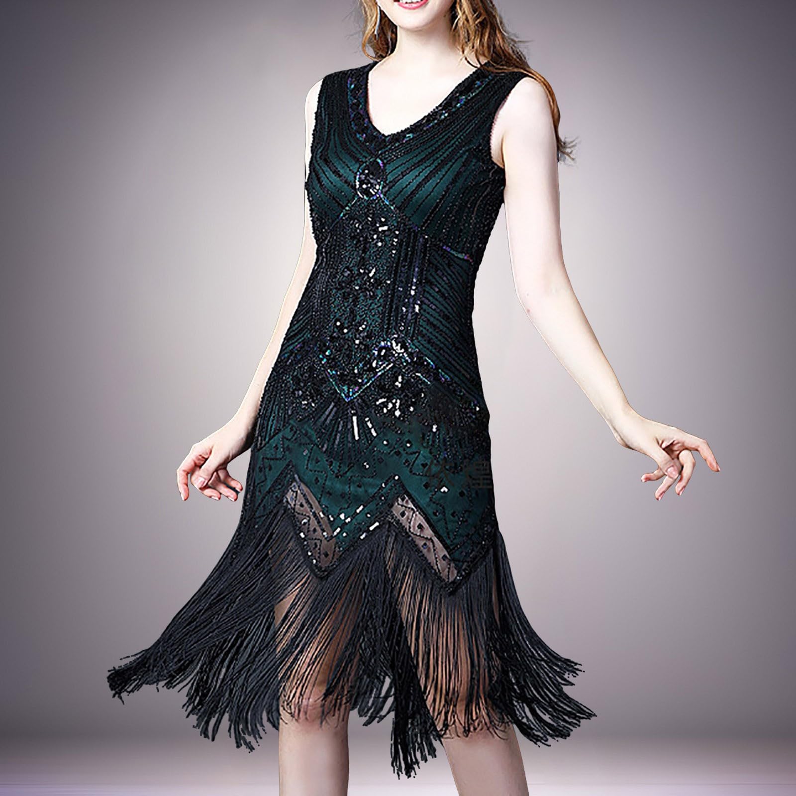 Generisch Abito da donna con paillettes metallizzate, schiena scoperta, vestito da ballo latino con guanti, abito glitterato, mini abito sexy con paillettes, abito da festa, abito con frange