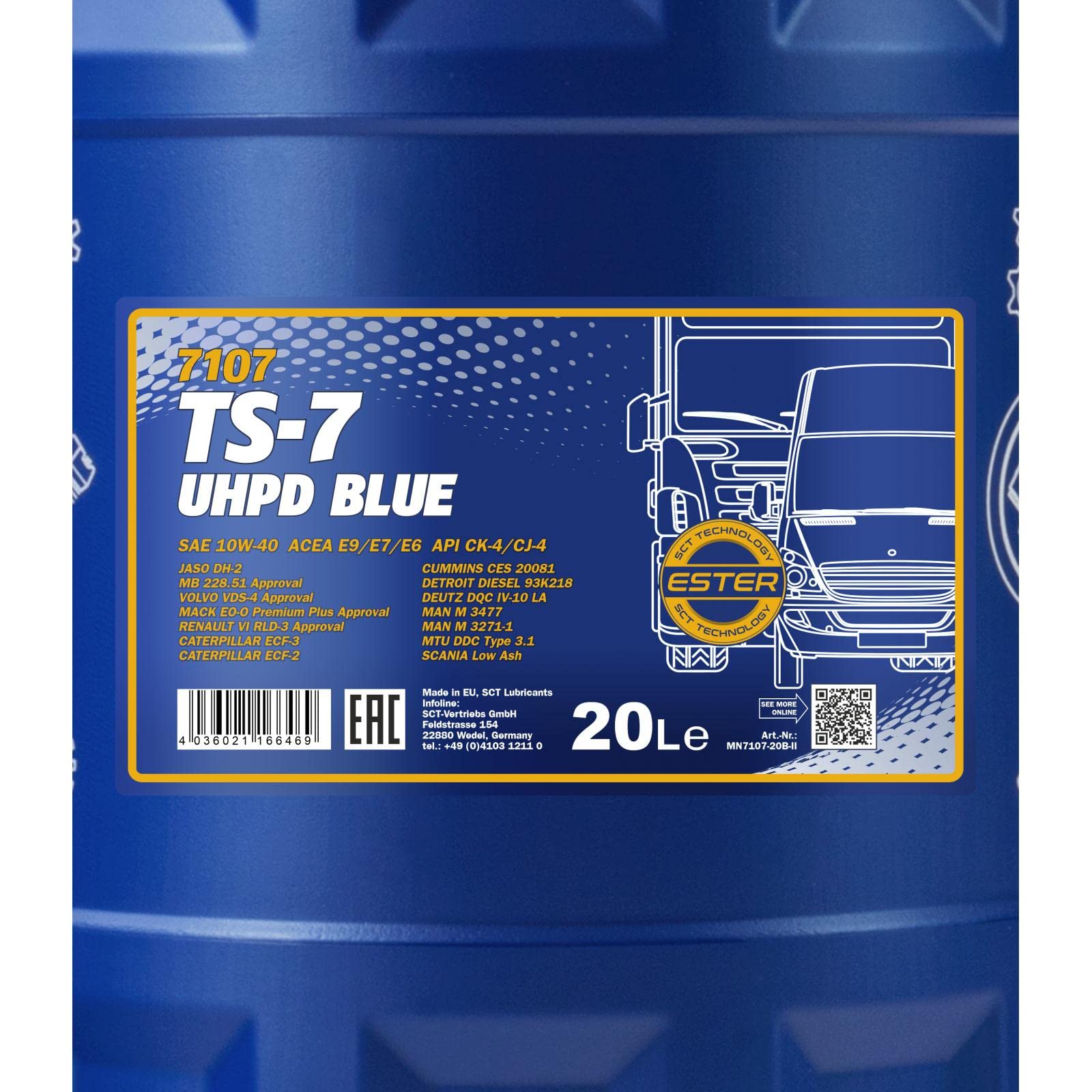 MANNOL Aceite de motor 10W-40 TS-7 ACEA E6 ACEA E9 API CJ-4 API CK-4 UHPD Blue 20L Compatible con VOLVO FMX II FH 16 FMX FH N 10