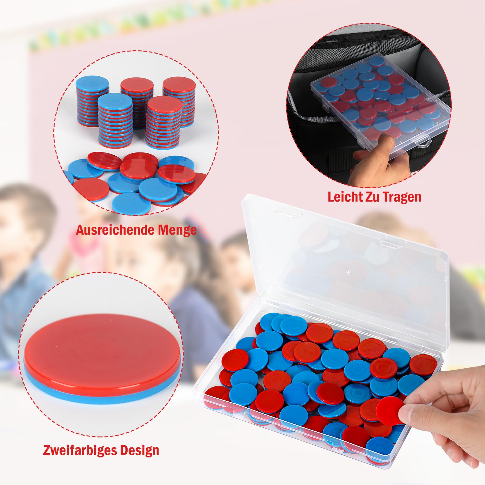 100 sztuk płytek dwustronnych w kolorze czerwonym, niebieskim, plastikowym, 1 pudełko z tworzywa sztucznego, zestaw matematyki, pomoc w liczeniu, matematyka, płytki dwustronne, chipy do liczenia rąk