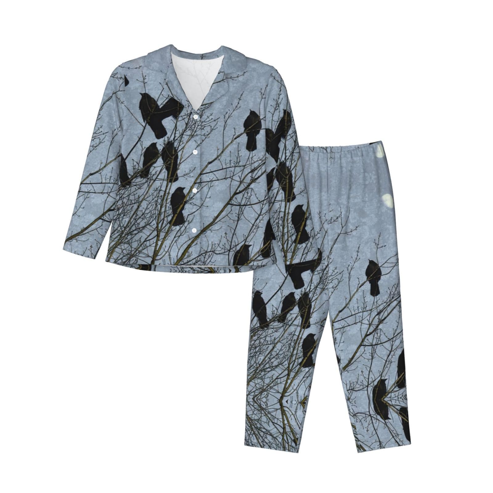 Edwal Women's Black Crow Birds Print Pajama Set For Pajama Set Fashion Long-Sleeve Shirt And Full Length Bottom