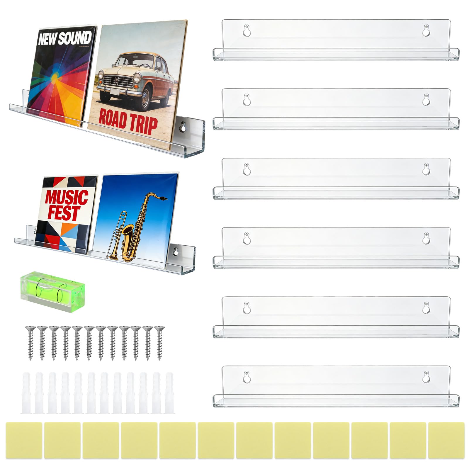 Yuaerbuo 6 Pcs Clear Acrylic Shelves with a Spirit Level, 12×1.7×1.7in Picture Shelf Ledge Adhesive Shelves for Wall for Album Record, Books/Pictures, Toys Display