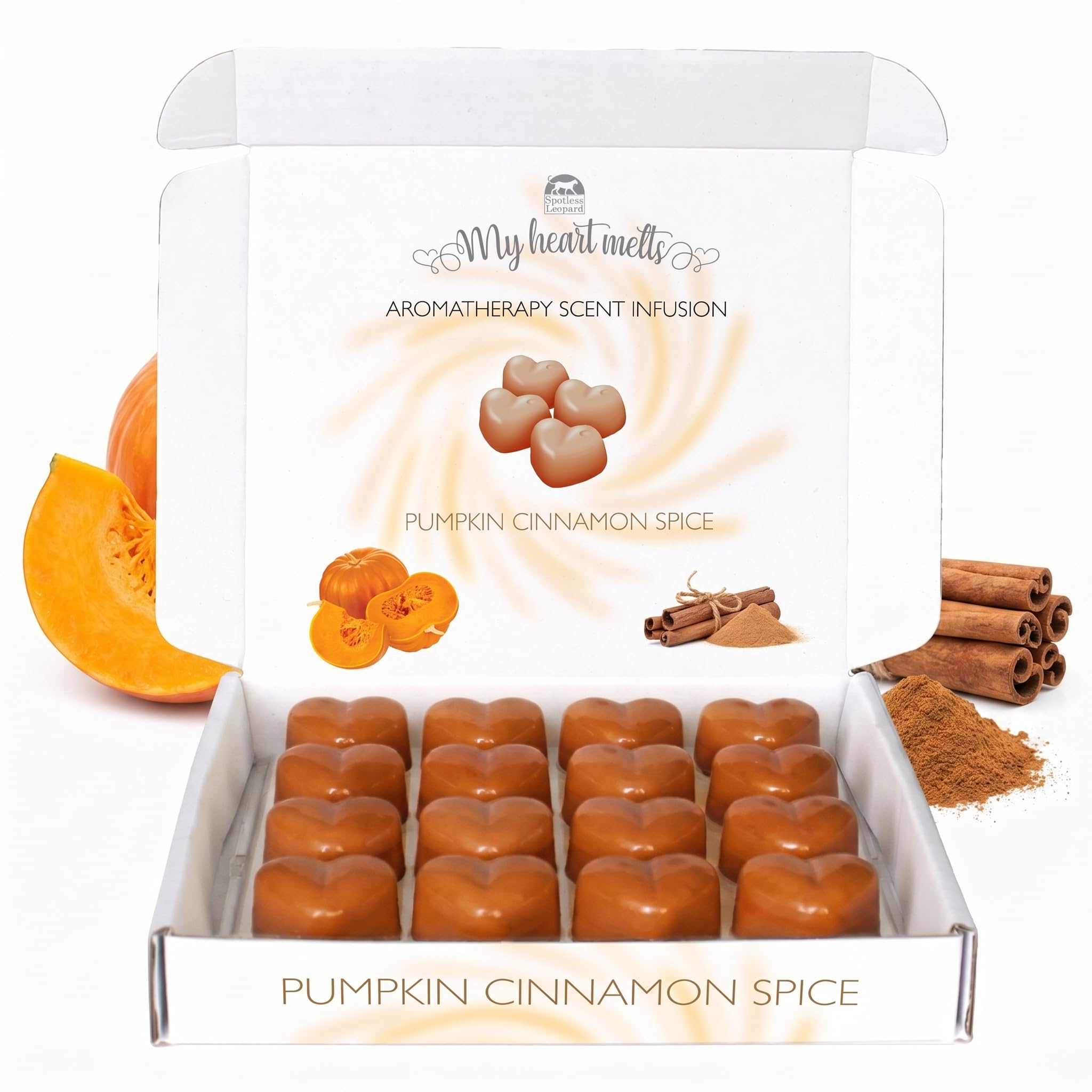 Pumpkin Cinnamon Spice Wax Melts: 16 x 6g Heart Shaped Aromatherapy Scent Infusion in a White Gift Box, Pet Friendly, Cruelty Free, Candle Alternative by Spotless Leopard