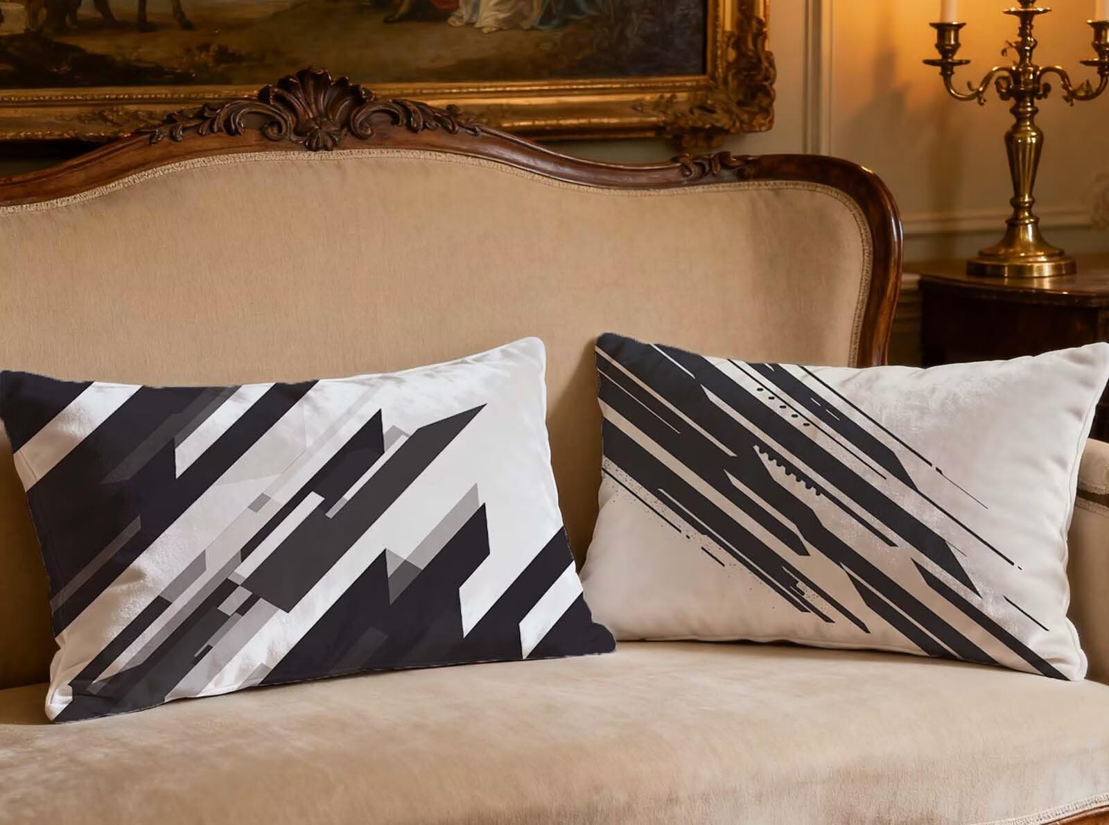 Housse de coussin noir et blanc en velours doux 40x80 cm pour un canapé chic