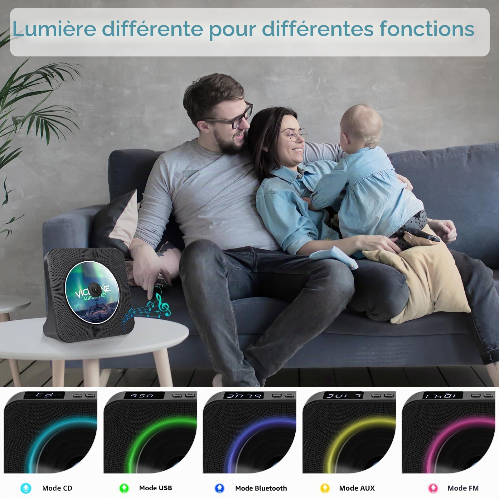 Lecteur CD Bluetooth avec Design Bureau, Lecteur CD Radio Portable avec Double Haut-parleurs & minuterie, Supporte entrée AUX/USB, Radio FM, Prise Casque, Transmission Bluetooth, écran LCD