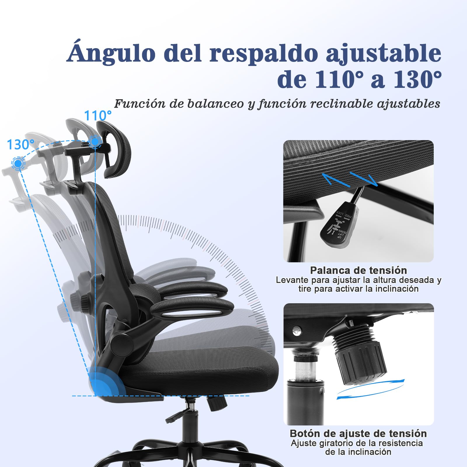 Magic Life Silla de Oficina Ergonómica con Respaldo de Malla, Soporte Lumbar Ajustable, Reposabrazos y Altura Regulable para Home Office (Negro)
