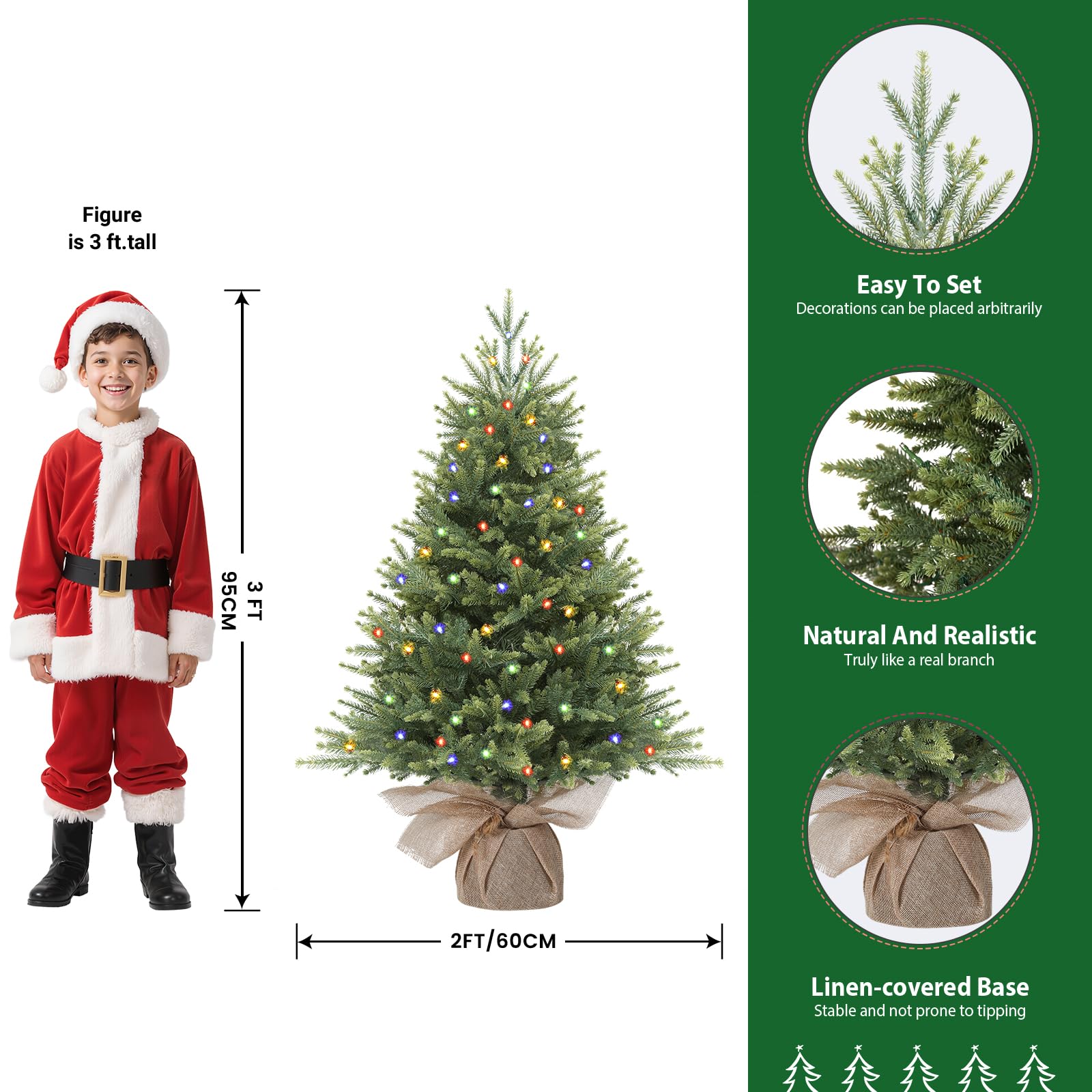 Alupssuc 95 cm Árbol de Navidad Artificial Preiluminado, Puntas de Ramas de PE Tupidas y Naturales, Luces LED Premium 90, 12 Modos de Luz, Decoraciones Navideñas