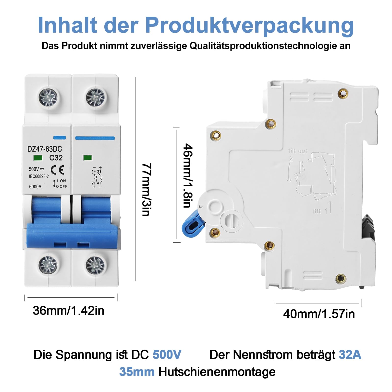 2 sztuki DC odłącznik PV, 1000 V 32 A, 2-biegunowy wyłącznik instalacyjny do systemów fotowoltaicznych, wyłącznik powietrza ochronnego 35 mm, montaż na szynie DIN