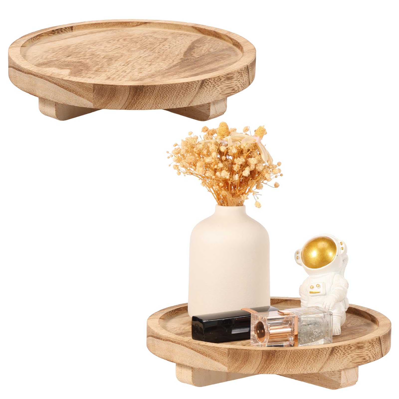 Foppla Light Brown 2Pcs Round Wood Tray,Wood Stand For Display,Round Wooden Risers For Kitchen/Bathroom Counter/Plant Stand(Light Brown)