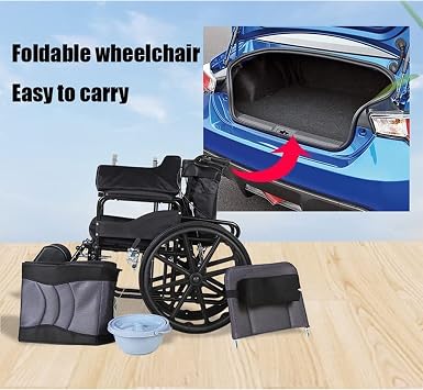 Full Reclining Wheelchair, High Back Reclining Commode Wheelchairs, Folding Outdoor Comfortable Mobile Wheelchair Displacement Machine for Adult