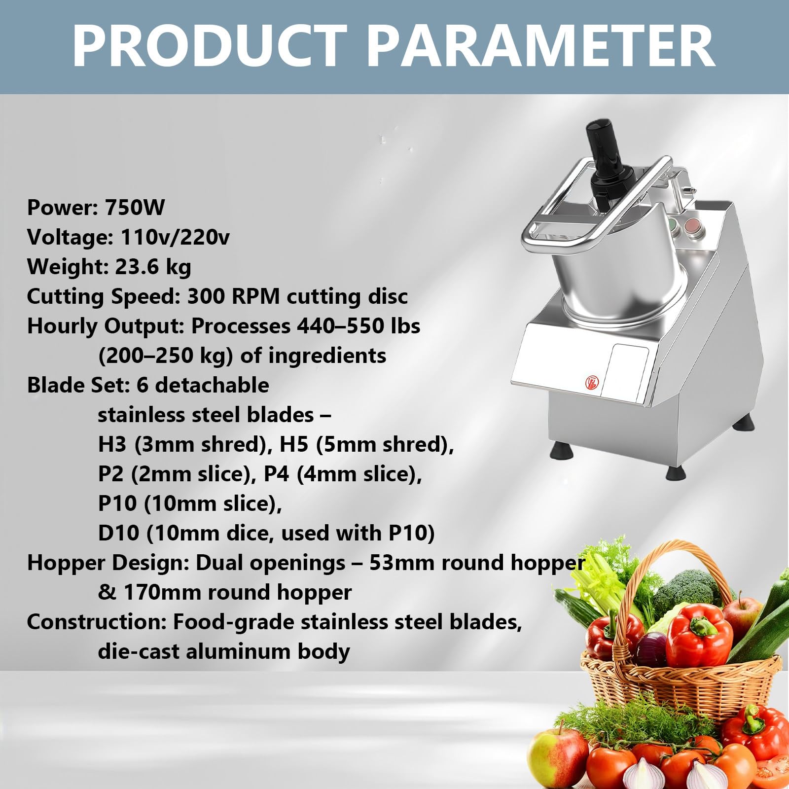 BANGBANGJI Tagliaverdure Automatico Multifunzionale Commerciale da 750 W e Robot da Cucina, affettatrice per Patate e cipolle, con 6 Lame Staccabili, Adatto per cucine Commerciali