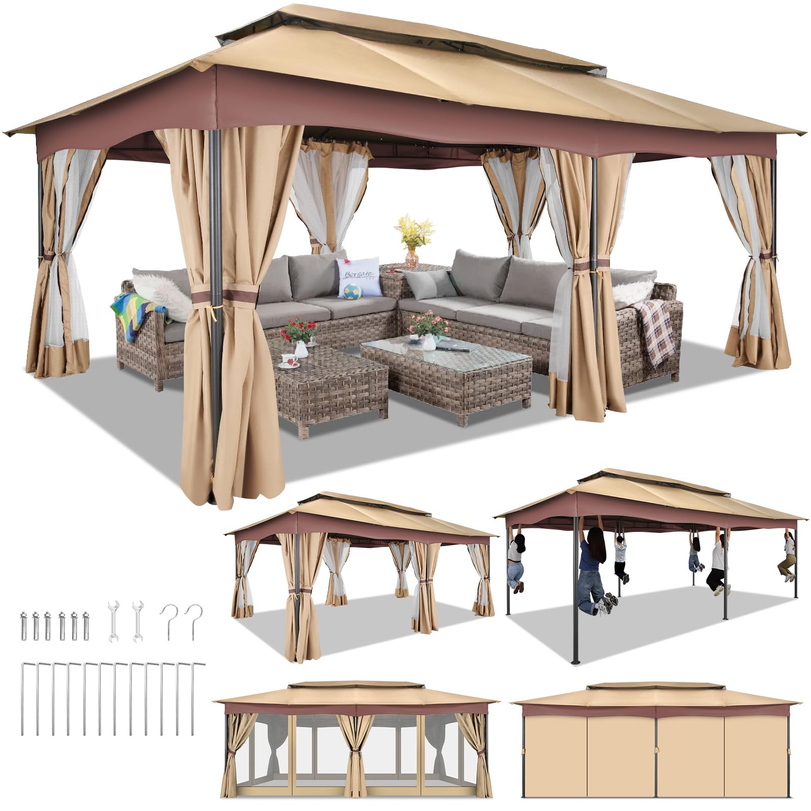 Photo 1 of HOTEEL Gazebo 12x20, Outdoor Gazebo on Clearance with Double Ventilated Arc Roof, Privacy Curtains & Mosquito Netting, Easy Set up Canopy Tent with Stable Metal Frame for Patio, Khaki (Windproof)