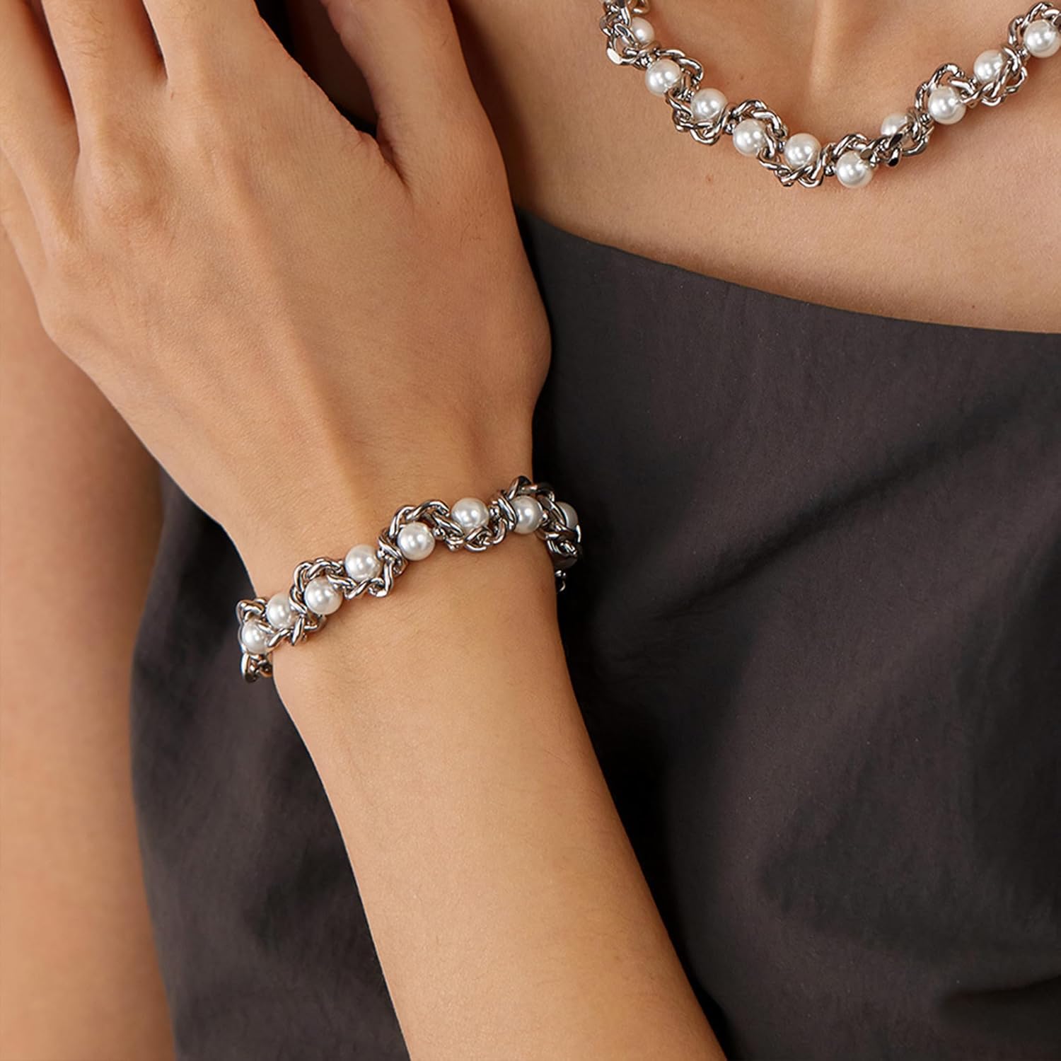 IDOKAWA Faux Pearl Chain Bracelet for Women Men White Stainless Steel Link Cuff Bridal Wedding Christmas Valentine's Day Mother's Day Anniversary Birthday Jewelry Gifts Box for Her Him - Image 3