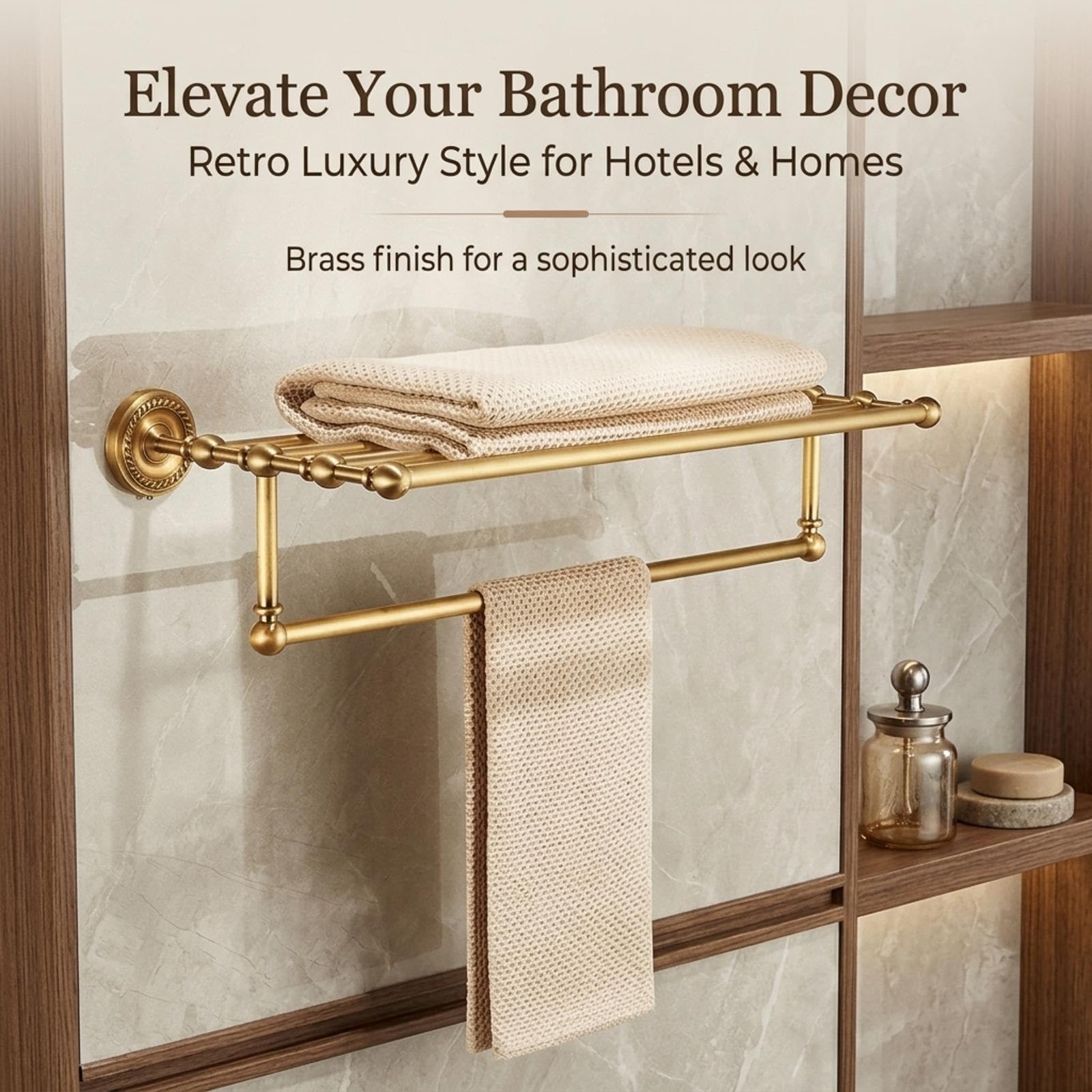 Moderno toallero de pared de 2 niveles en latón cepillado – sin taladrar, cobre antiguo H para el hogar y el hotel – Dimensiones: 62 x 24 x 17 cm / 24.4x9.4x6.7in