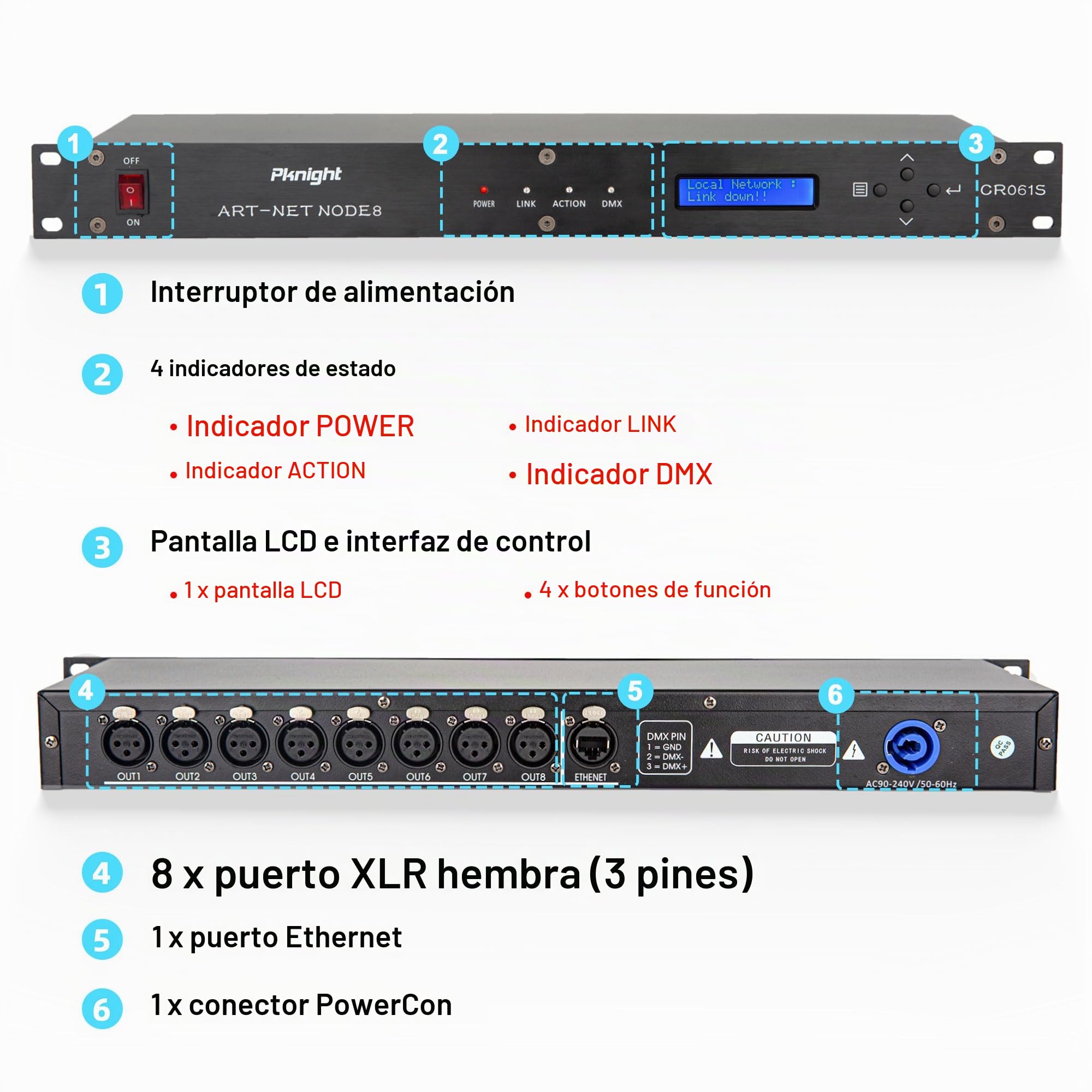 ArtNet - Interfaz DMX, 8 canales, estante de 19 pulgadas, control de red de iluminación de escenario 1U, CR061S