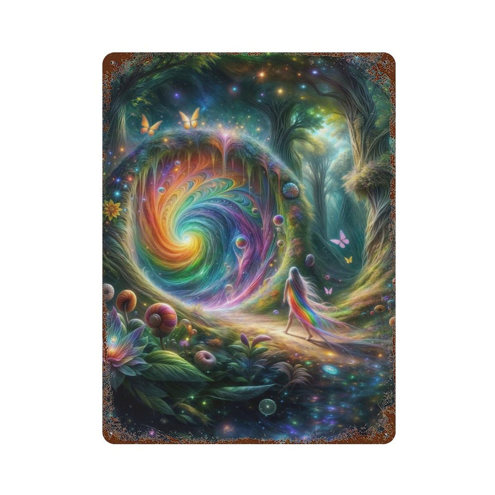 Rainbow Forest Portal Rusty Metal Tin Sign 15.7"x11.8", for Basement, Hobby Room And Garage Decor, Retro Wall Decor