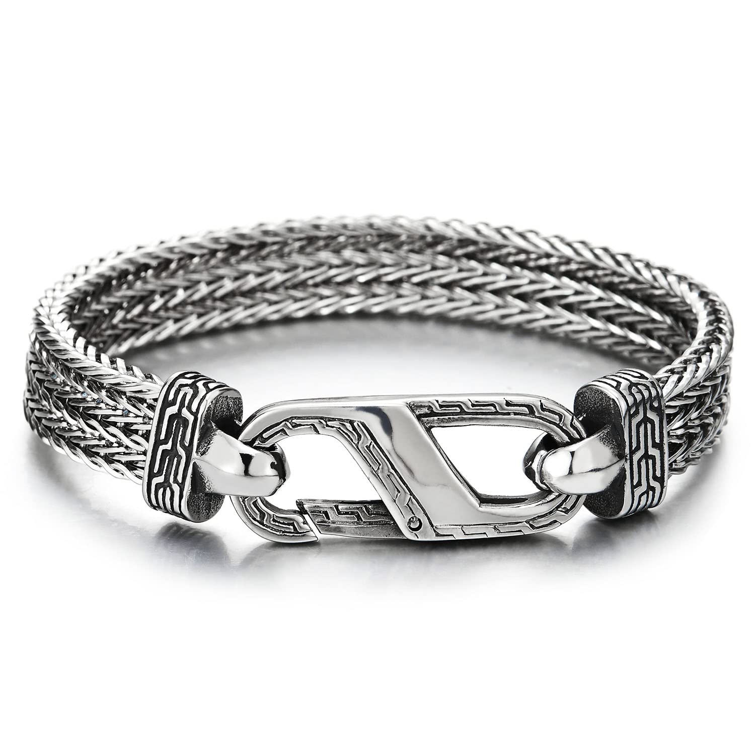 COOLSTEELANDBEYOND Bracciale Uomo Due Ranghi In Acciaio Inossidabile - Argento E Nero, Lucidato A Specchio, Lunghezza 22 Cm, Con Custodia Regalo - 3