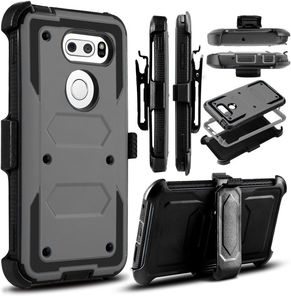 KooJoee Grey Armor Defender Case Compatible with LG V30/LG V30 Plus, Heavy Duty Shockproof[Double Kickstand][Belt Swivel Clip] Full-Body Protection Carrying Case W/Built-in Screen Protector