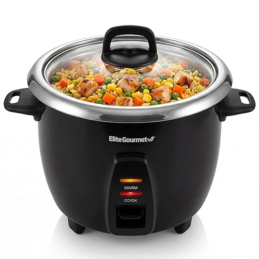 Elite Gourmet ERC2010B# Electric 10 Cup Rice Cooker with 304 Surgical Grade Stainless Steel Inner Pot Makes Soups, Stews, Grains, Cereals, Keep Warm Feature, 10 cups cooked (5 Cups uncooked), Black