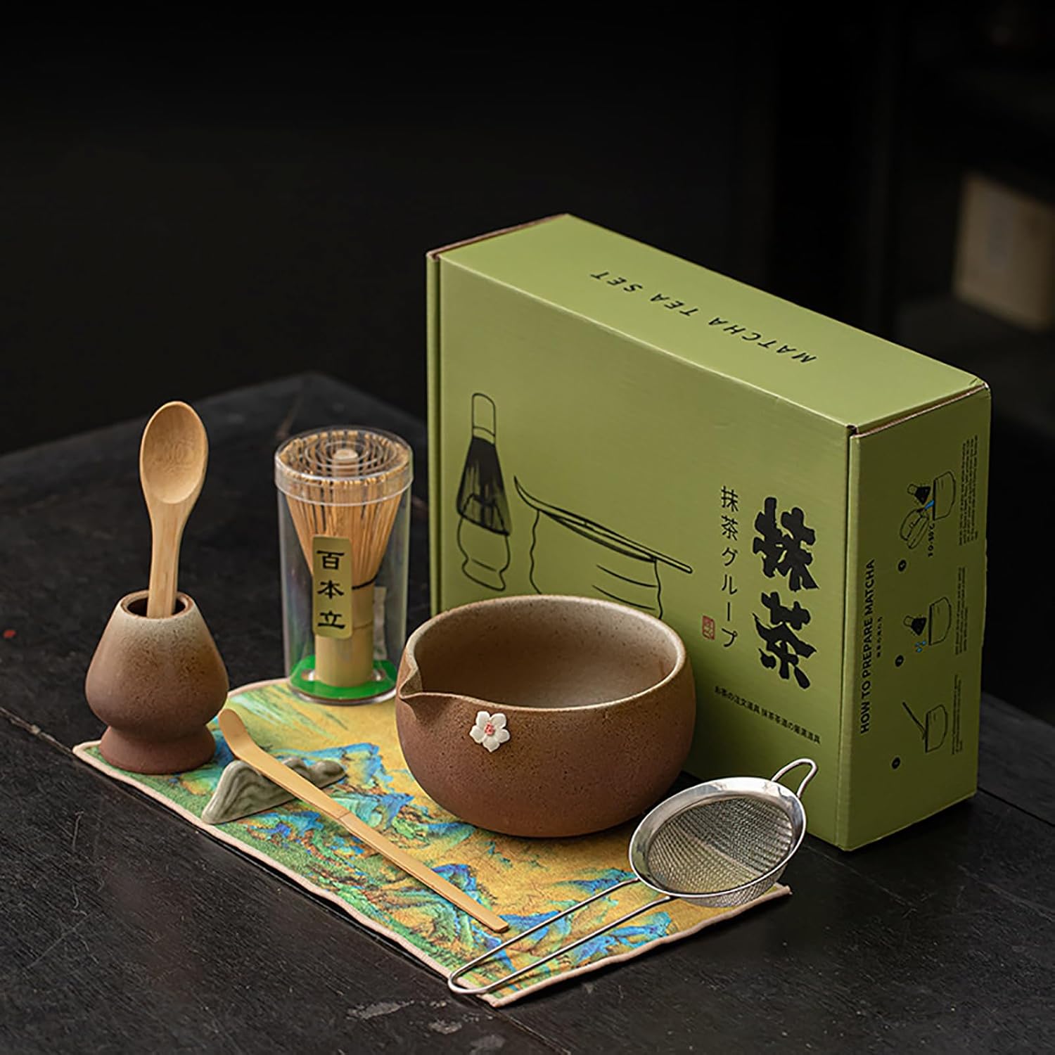 rustic Matcha Set, 8-Piece Stoneware Ceremony Kit with Antique Finish Chawan, Bamboo Whisk, Sifter & Scoop for Authentic Japanese Tea (Brown)