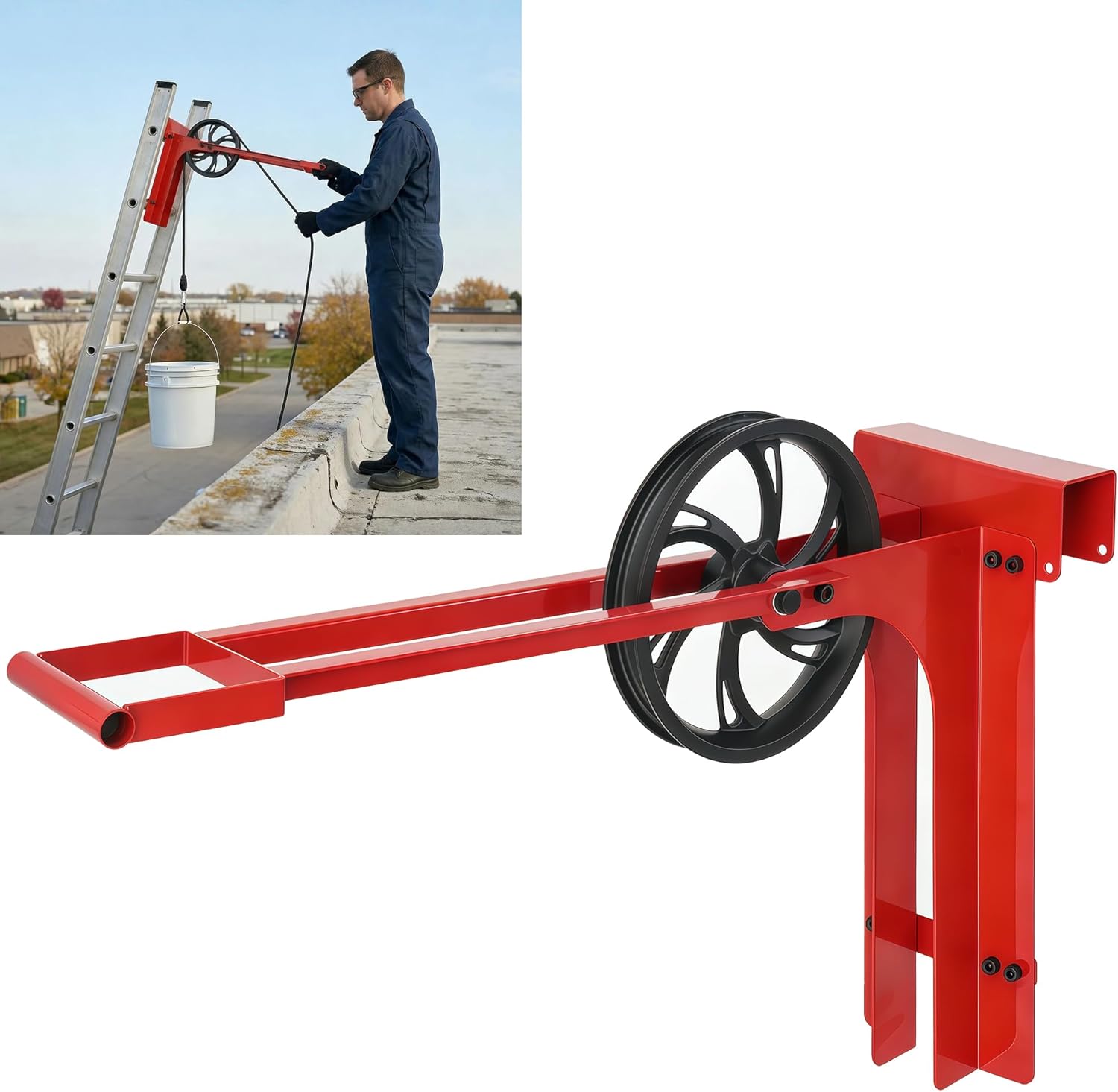Hoisting Wheel with Long Handle 500 Lbs Ladder Pulley Hoist System 8.5" Scaffolding Wheels, Scaffold Hoist Pulley for Ladder Accessories, Red