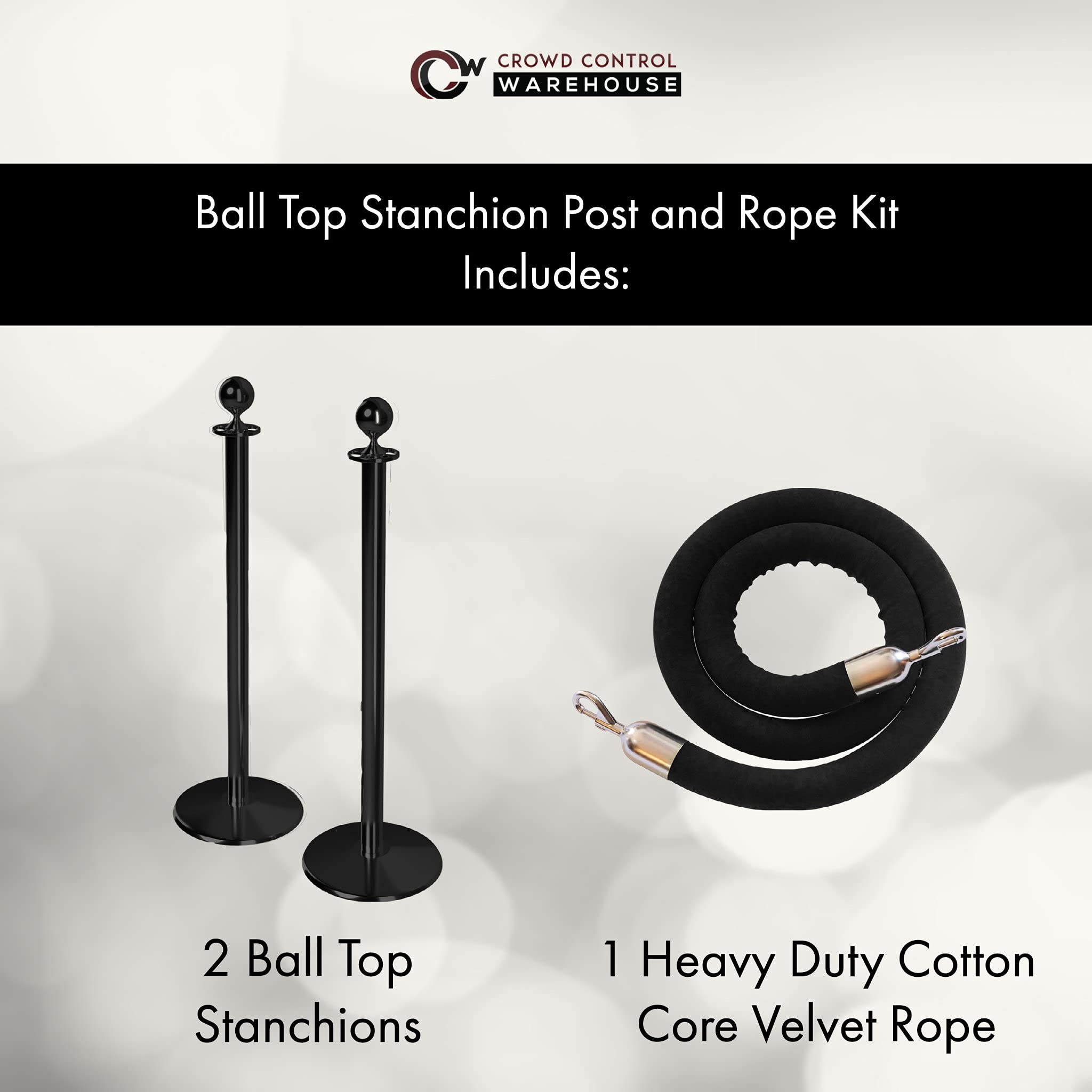 Crowd Control Warehouse - CCW Post and Rope Stanchion Kit - 2 Black Ball Top Posts, 1 Black Heavy Duty Velvet Cotton Core Rope (6ft Each) in Polished Stainless Snap Ends