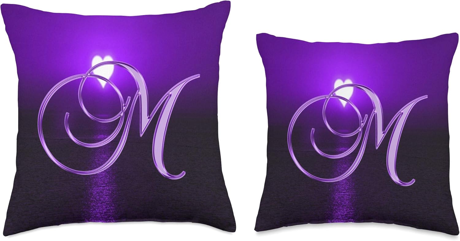 M Purple Heart Beach Ocean Lake Sun Moon Initial Letter Name Throw Pillow