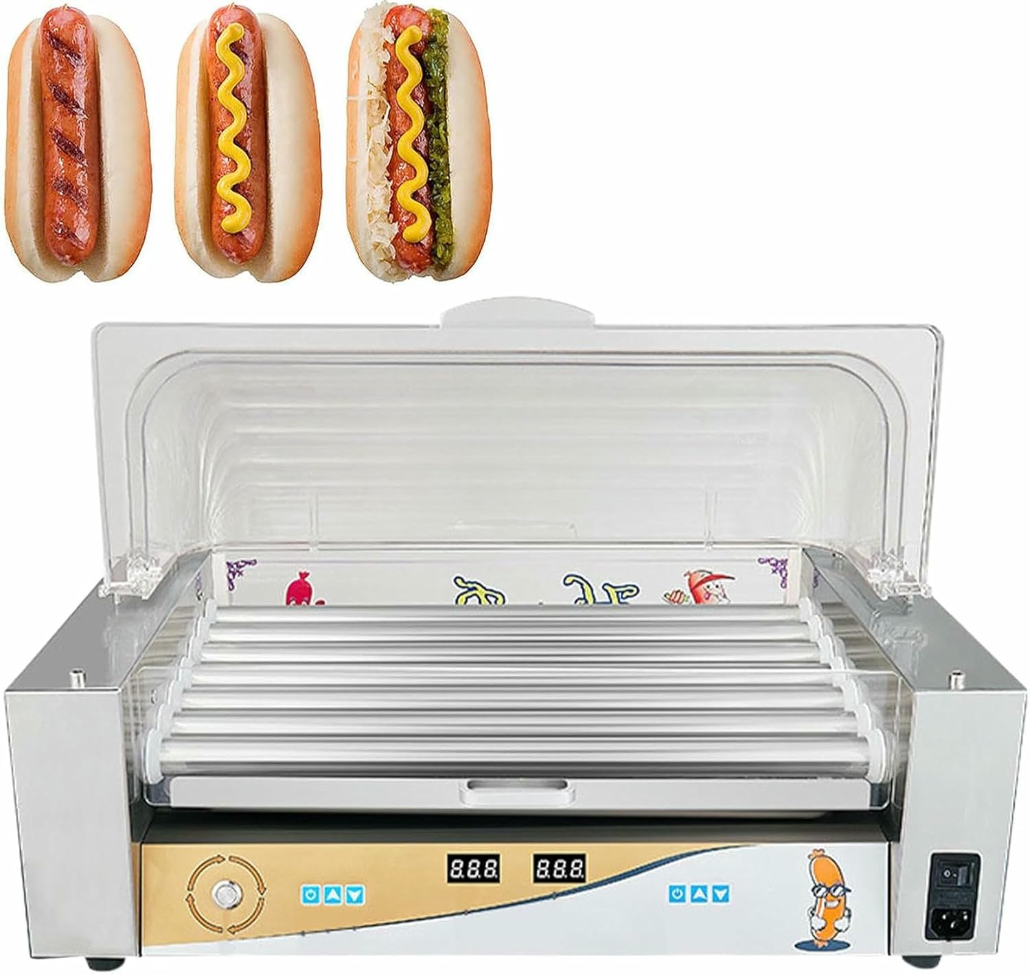 Hot Dog Roller, 7 Rollers Sausage Grill Cooker Machine, 1050W Stainless Steel with Double Temp Control, 18 Hot Dogs Capacity, Removable Oil Drip Tray for Home Use,