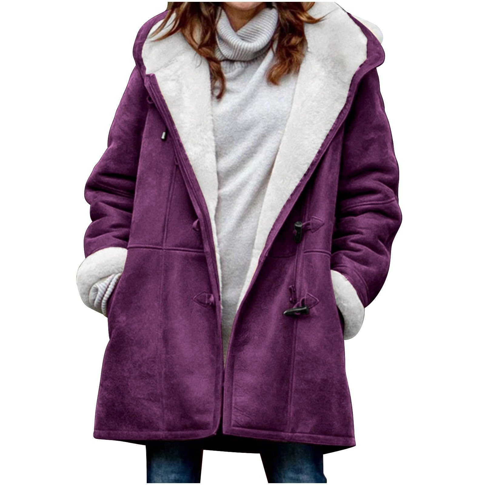 Womens Sherpa Lined Jackets Fashion Winter Fuzzy Fleece Hoodie Sweatshirt Casual Soft Cozy Horn Button Down Coats