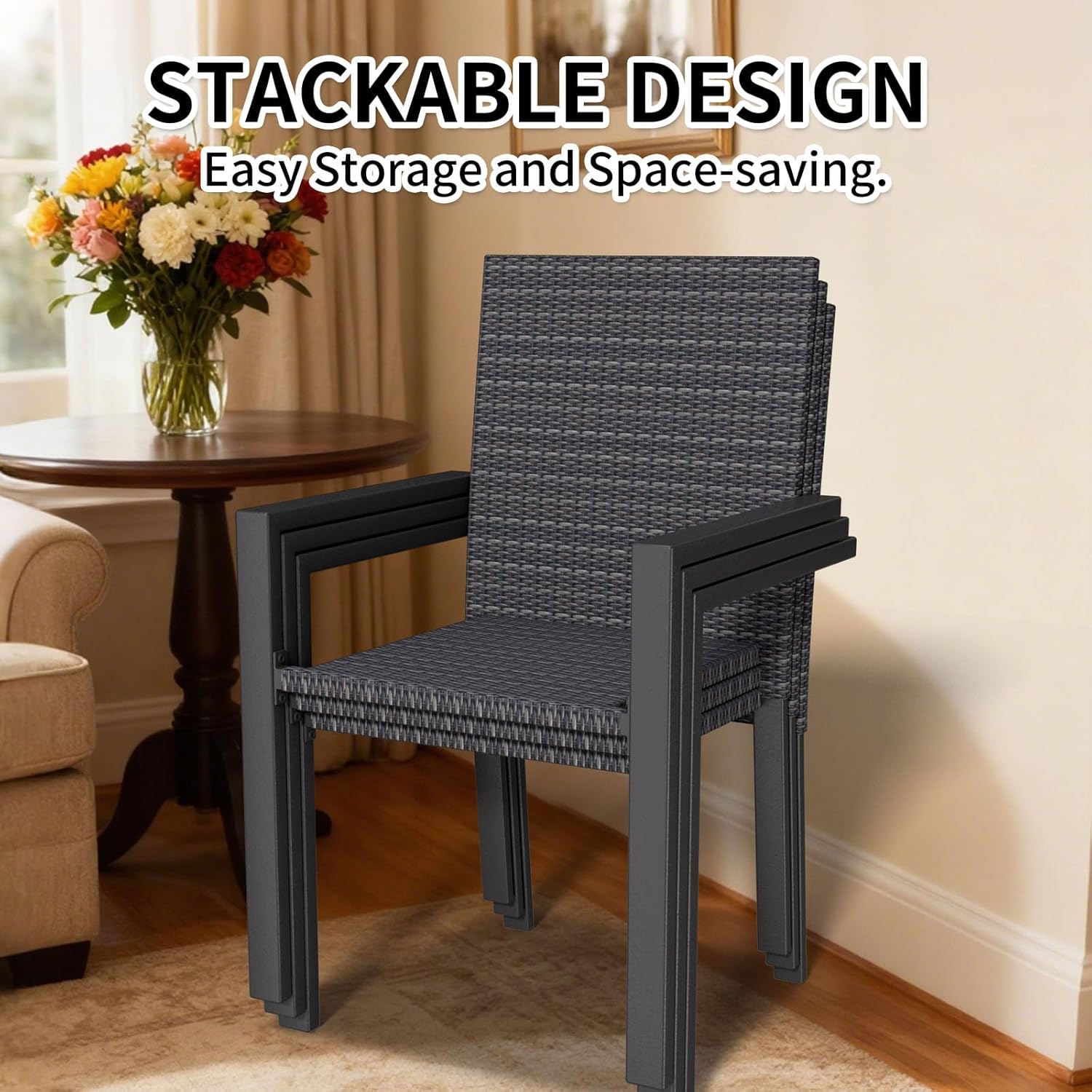 Stackable Patio Chairs Set of 4, Wicker Outdoor Dining Chair, All-Weather Rattan Patio Dining Sets with Deep Seat for Patio, Garden, Lawn, Firepit, Black
