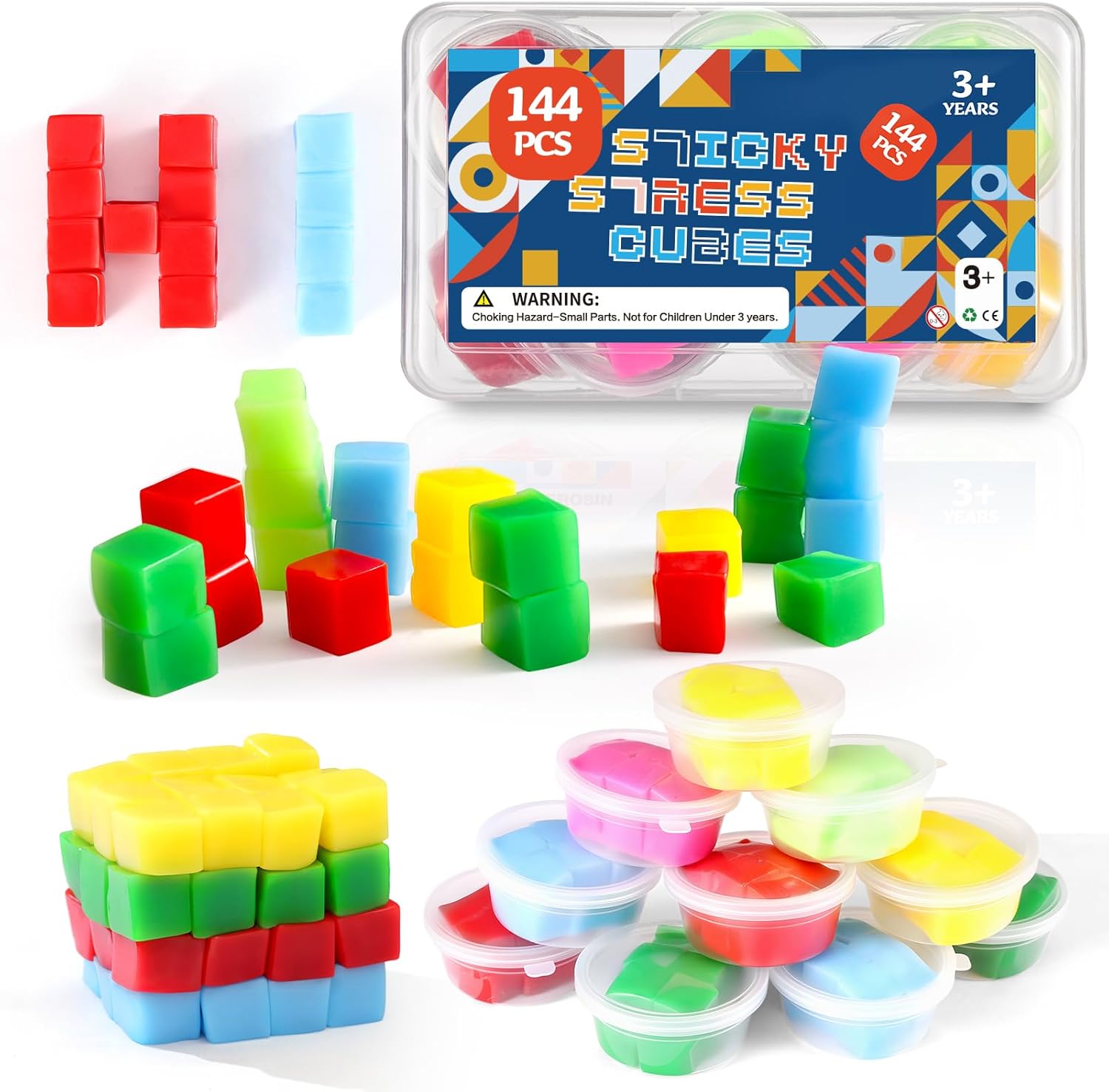144PCS Sticky Stacking Cubes for Kids - Mini Squishy Cubes Sensory Toys for Toddler, Non Toxic Preschool Jelly Blocks for Building, Stretch, Squishy, Travel Essentials Toys for 3 4 5 6 Years Old
