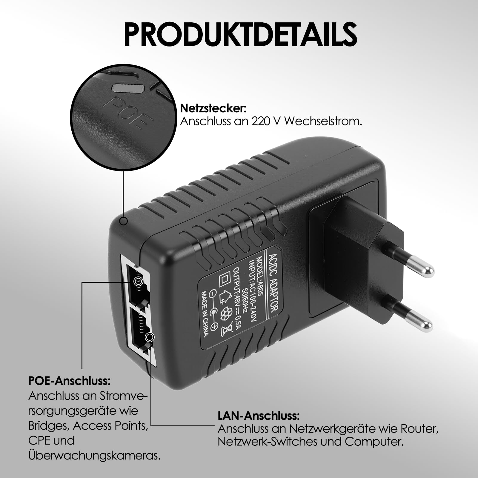 POE Injector 48 V 0,5 A, alimentatore passivo POE Injector Ethernet con spina a parete, adatto per telefoni IP Voip, fotocamere, AP e altro (UE)