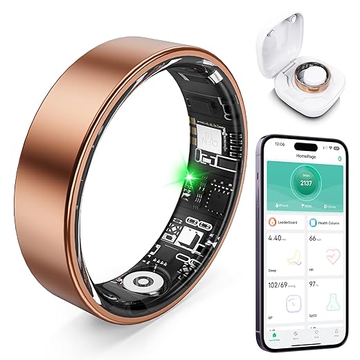 Smart Ring with Sleep Monitoring, Step Counting, Heart Rate, Blood Oxygen for iOS and Android, No Subscription Fee, IP68 Waterproof Health Tracker (Rose Gold, 7)