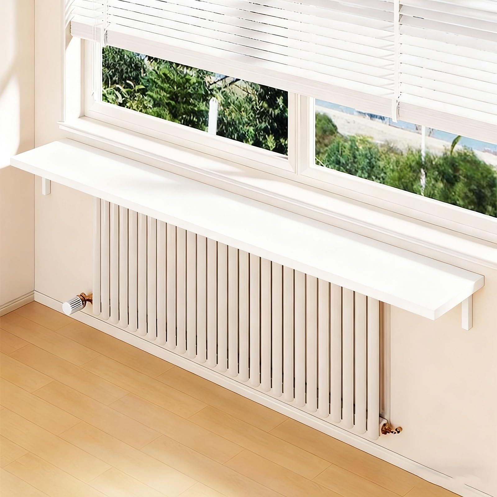 Estante para radiador rectangular de madera para fotos en el dormitorio